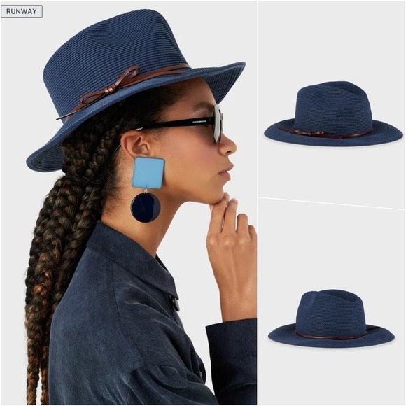 EMPORIO ARMANI Straw Hat Navy Blue Brown NWOT - Picture 1 of 7